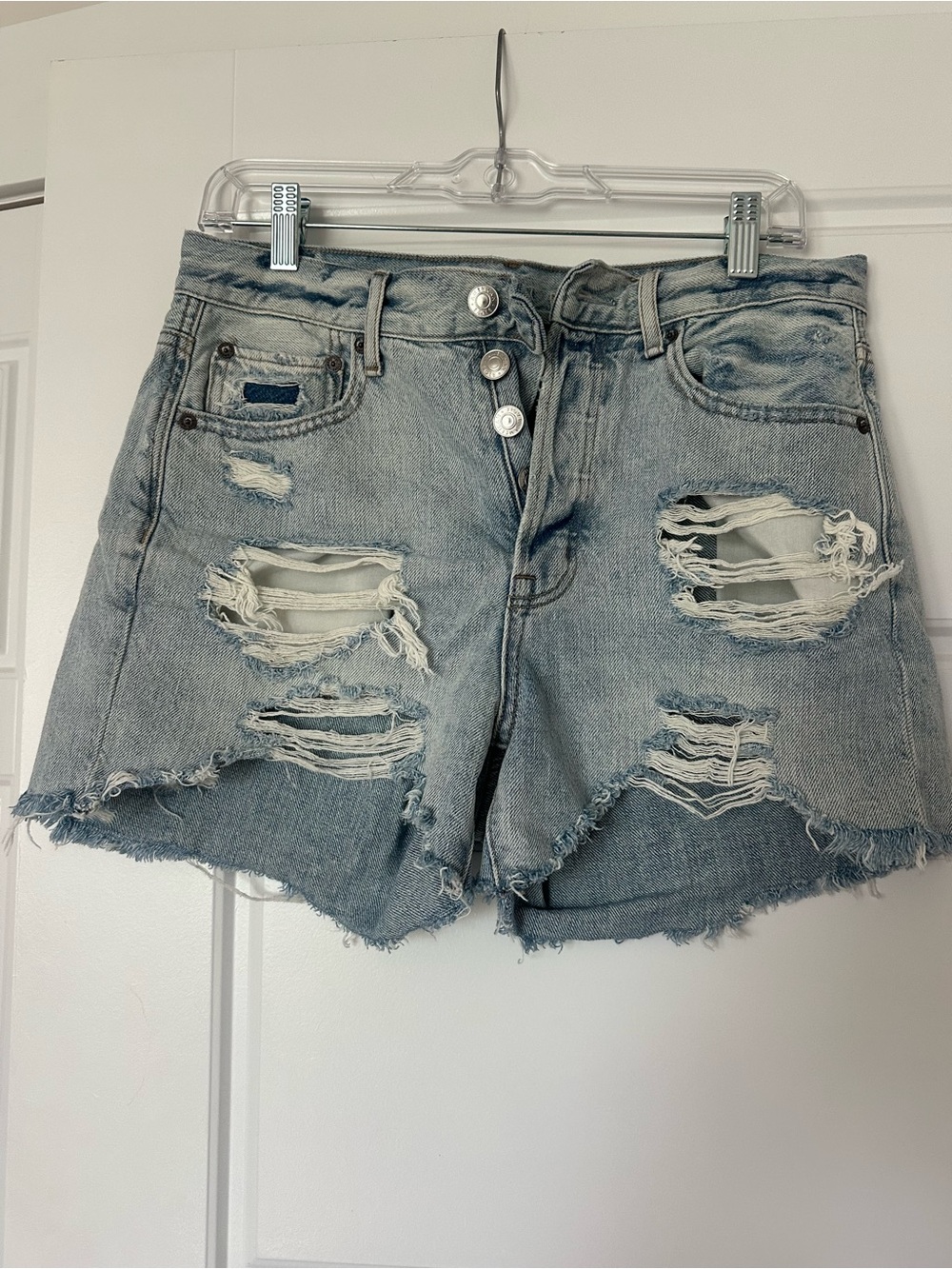 American Eagle Outfitters Light Blue Distressed Button-Fly Denim Shorts